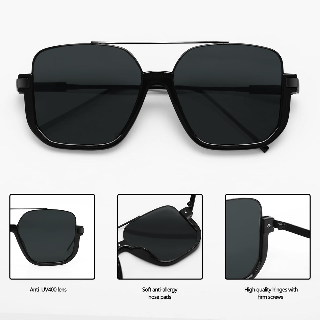 GUVIVI Retro Oversized Aviator Sunglasses for Women Men Square Double Bridge Pilot Sun Glasses 70s Trendy Shades
