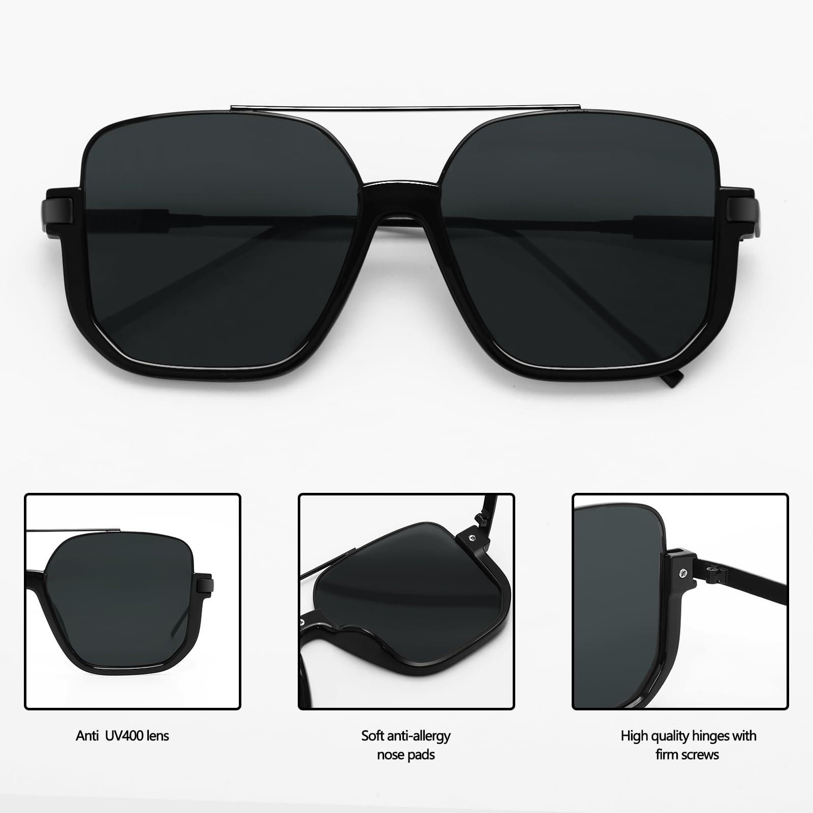 GUVIVI Retro Oversized Aviator Sunglasses for Women Men Square Double Bridge Pilot Sun Glasses 70s Trendy Shades