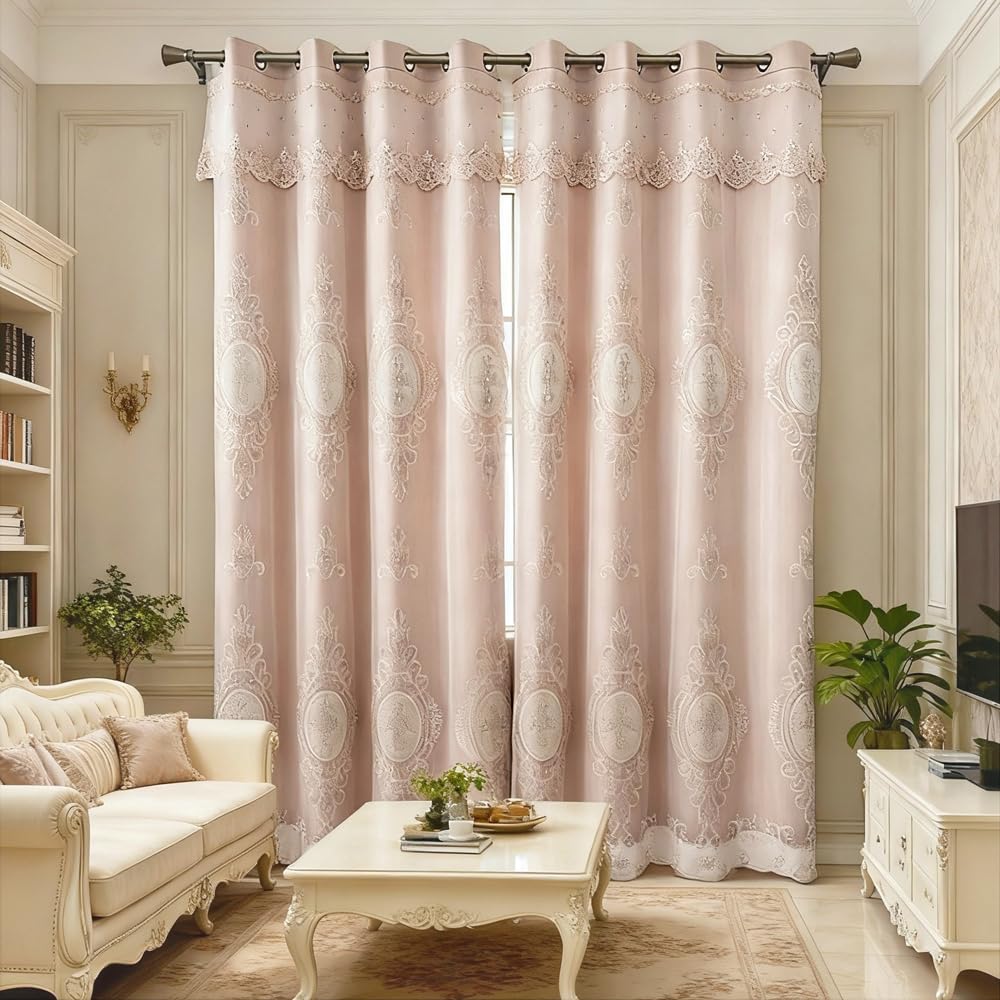 Amidoudou 1 Pair European Double Layer Curtains with Valances for Living Room Bedroom Luxury 3D Flower Embroidered Curtains (Yellow,52x96 Inch)