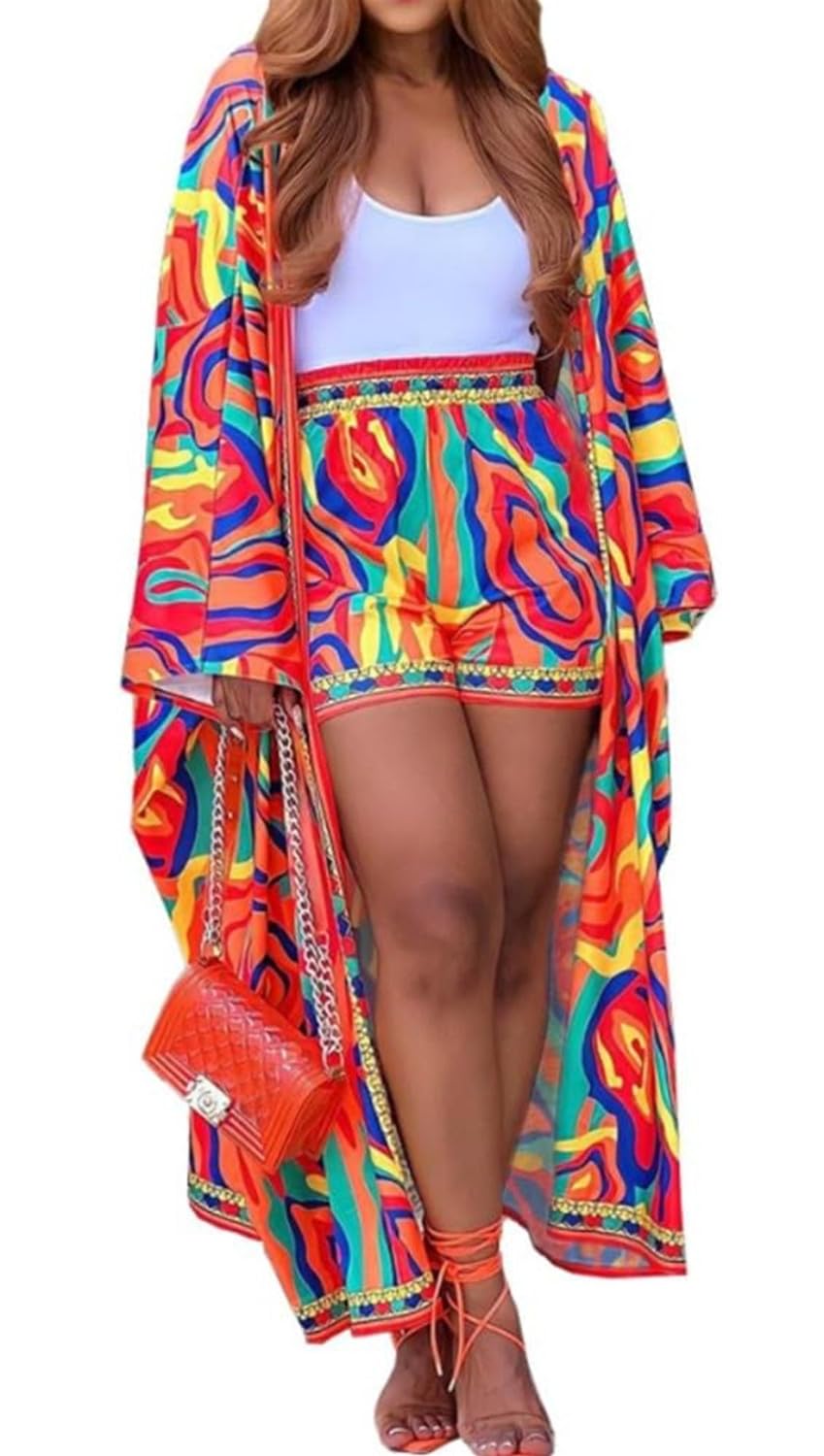 QegarTop Kimono Shorts Set for Women Two Piece Summer Vacation Outfits Flowy Beach Cover up Duster