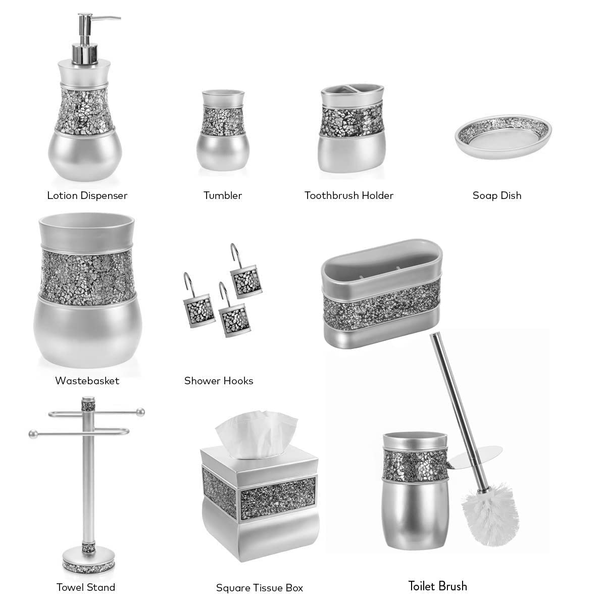 Creative Scents Crackled Glass Silver Bathroom Accessory Set – 4-Piece Vanity Set Includes: Lotion Soap Dispenser, Toothbrush Holder, Tumbler, and Soap Dish