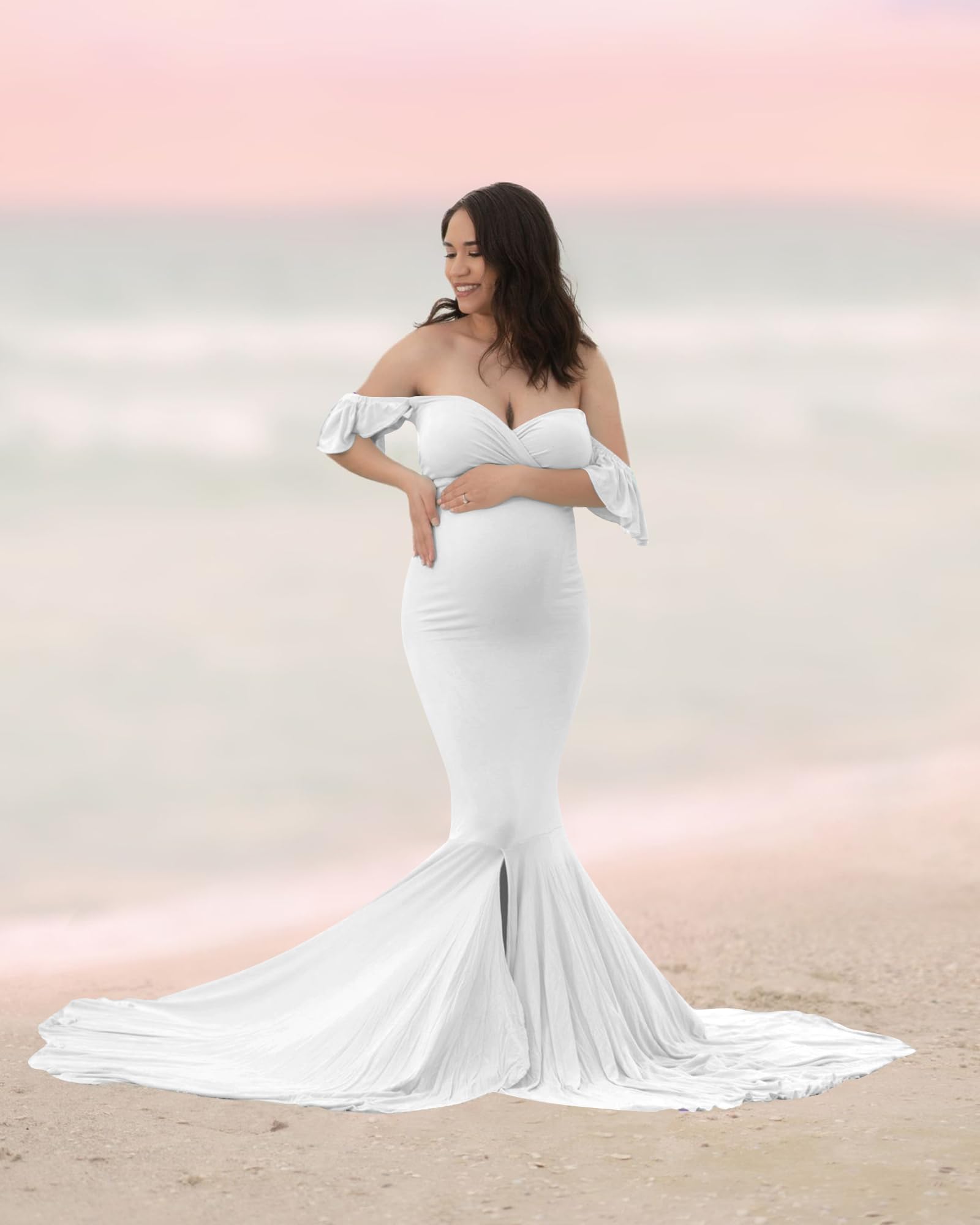 Saslax Off Shoulder Ruffle Sleeves Elegant Fitted Maxi Maternity Dress for Photoshoot Baby Shower