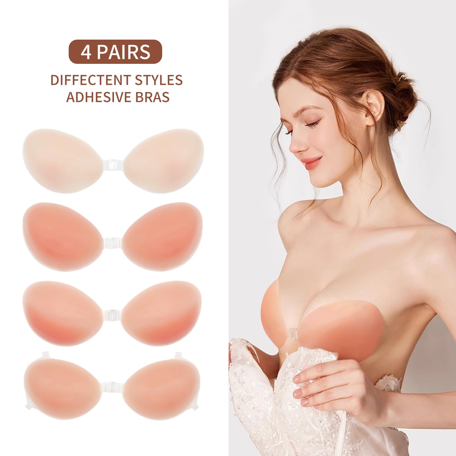 Adhesive Bra for Women Sticky Silicone Invisible Push up Bra,4 Pairs Adhesive Bras & 4 Pairs Nipple Covers