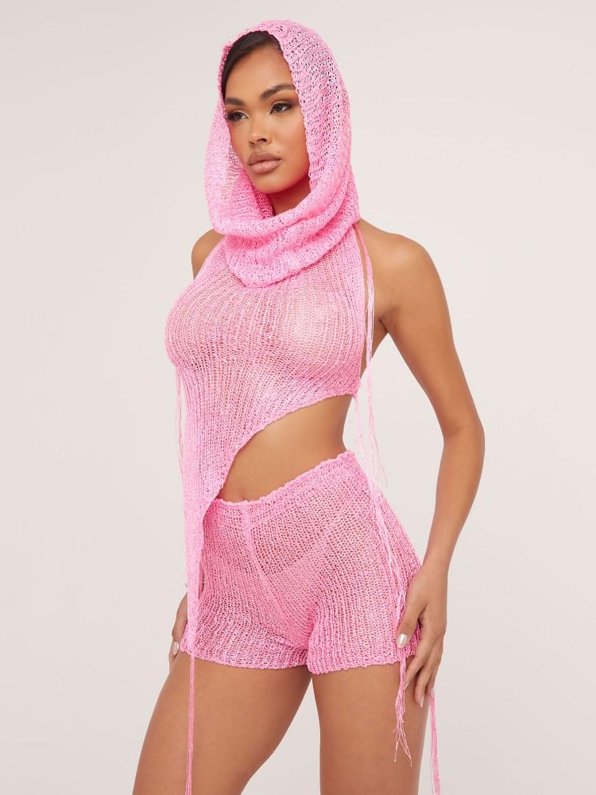 KANSOON Sexy Two Piece Outfits for Women Sequin Knit Backless Irregular Halter Top Crochet Shorts Set with Matching Rave Hood