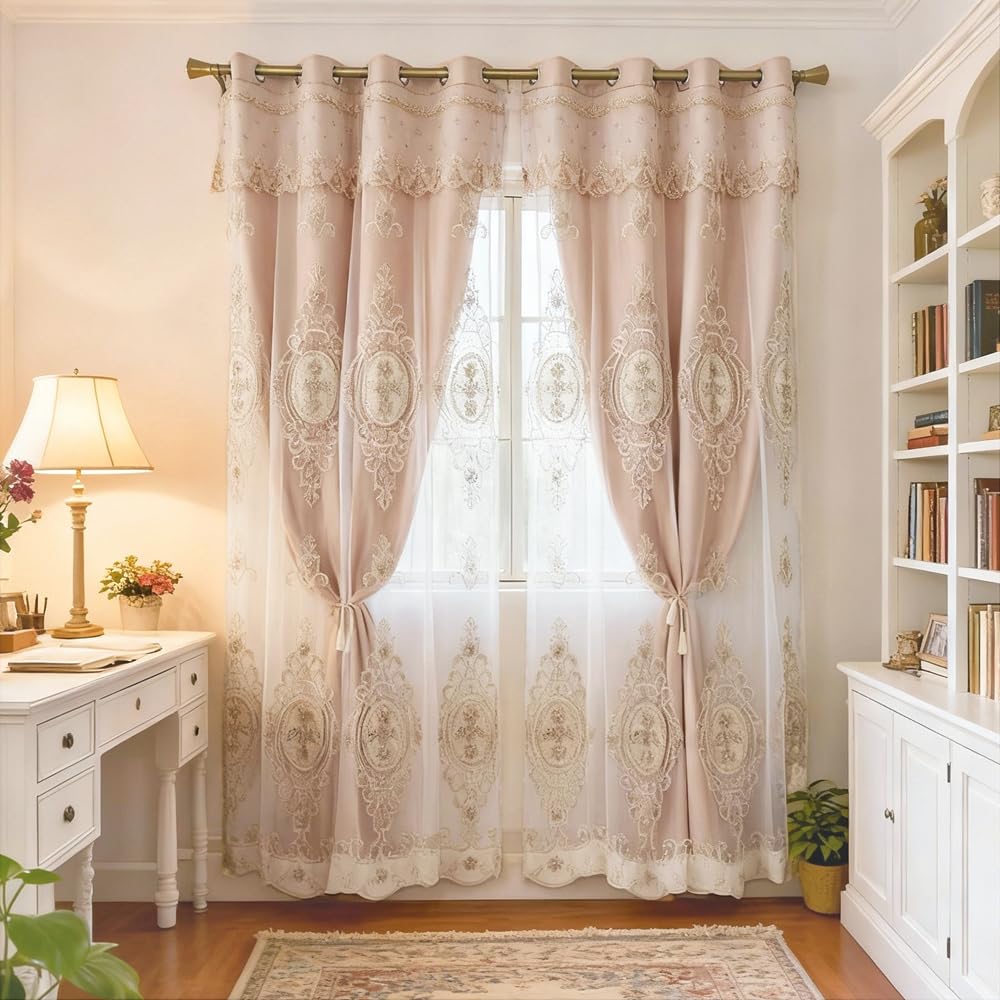 Amidoudou 1 Pair European Double Layer Curtains with Valances for Living Room Bedroom Luxury 3D Flower Embroidered Curtains (Yellow,52x96 Inch)