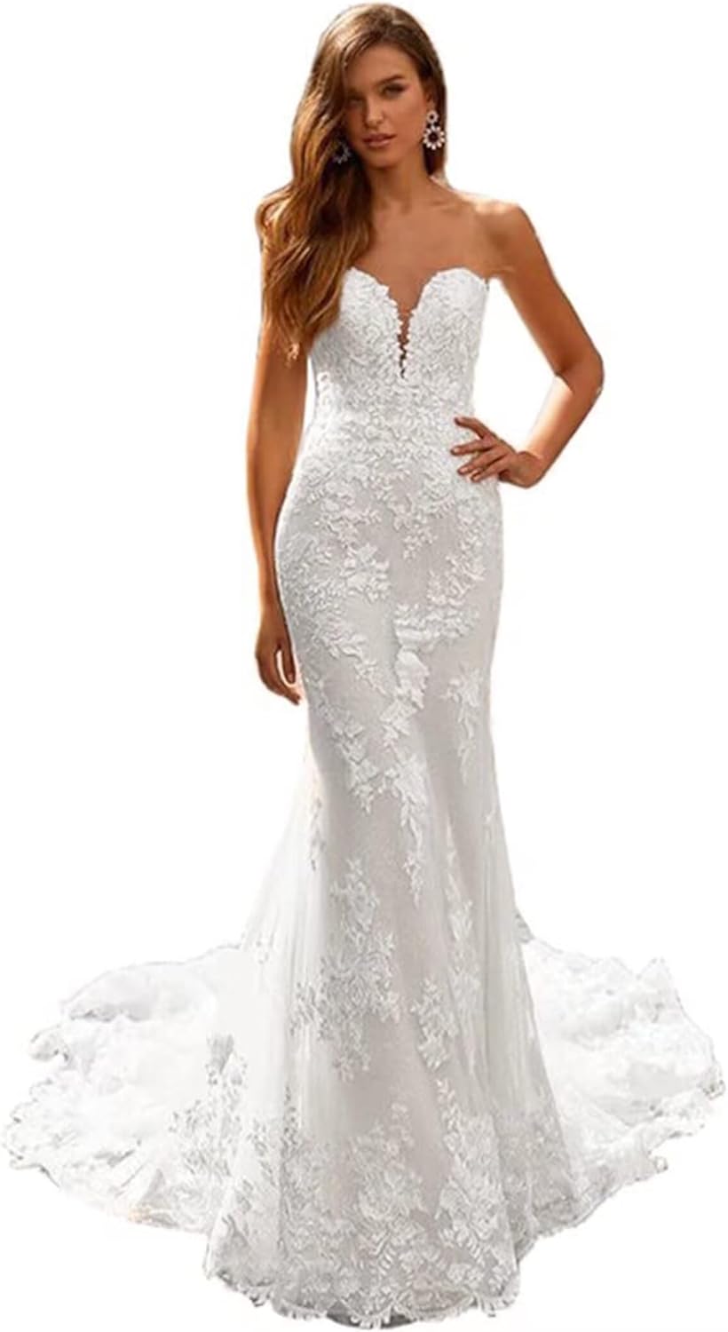 Lace Wedding Dresses for Bride Mermaid V Neck Boho Beach Bridal Gowns with Train BOF30