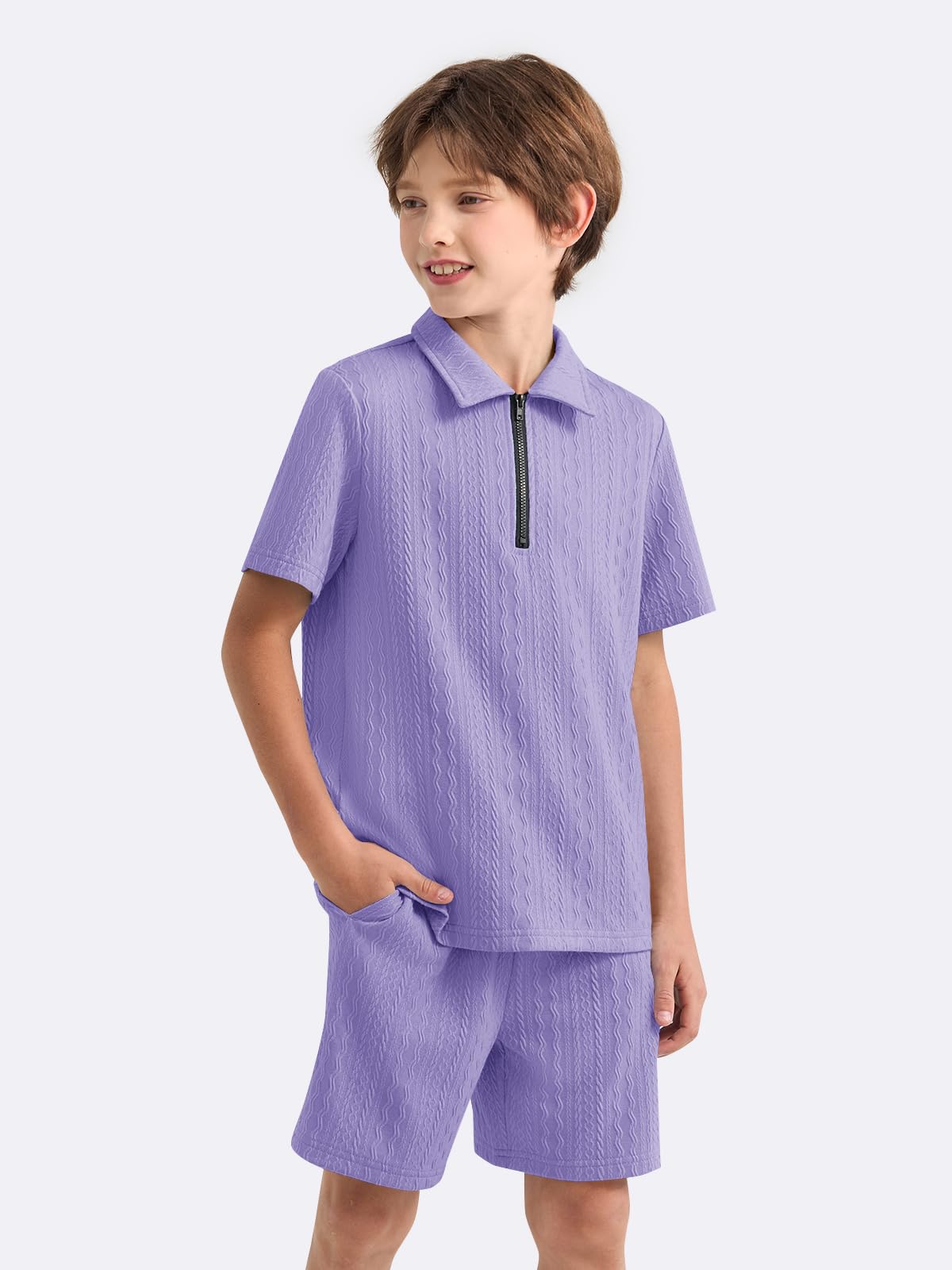 Haloumoning Boys 2 Piece Summer Outfits Kids Quarter Zip Polo Shirt and Shorts Set Athletic Tracksuit 5-14 Years