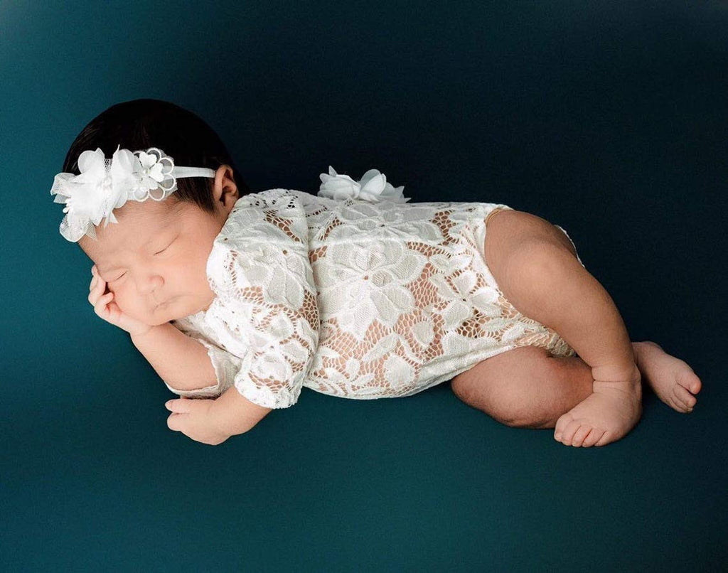 Newborn Lace Romper, 2 PCS Baby Girl Photography Props, Newborn Girl Photography Outfits with Flower Headband for Infants