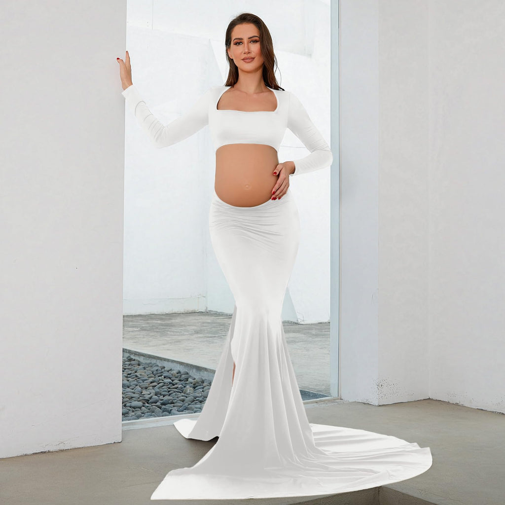 Bhome Maternity Dress for Photoshoot Cut-Out Backless Side Split Maternity Maxi Gown for Photoshoot