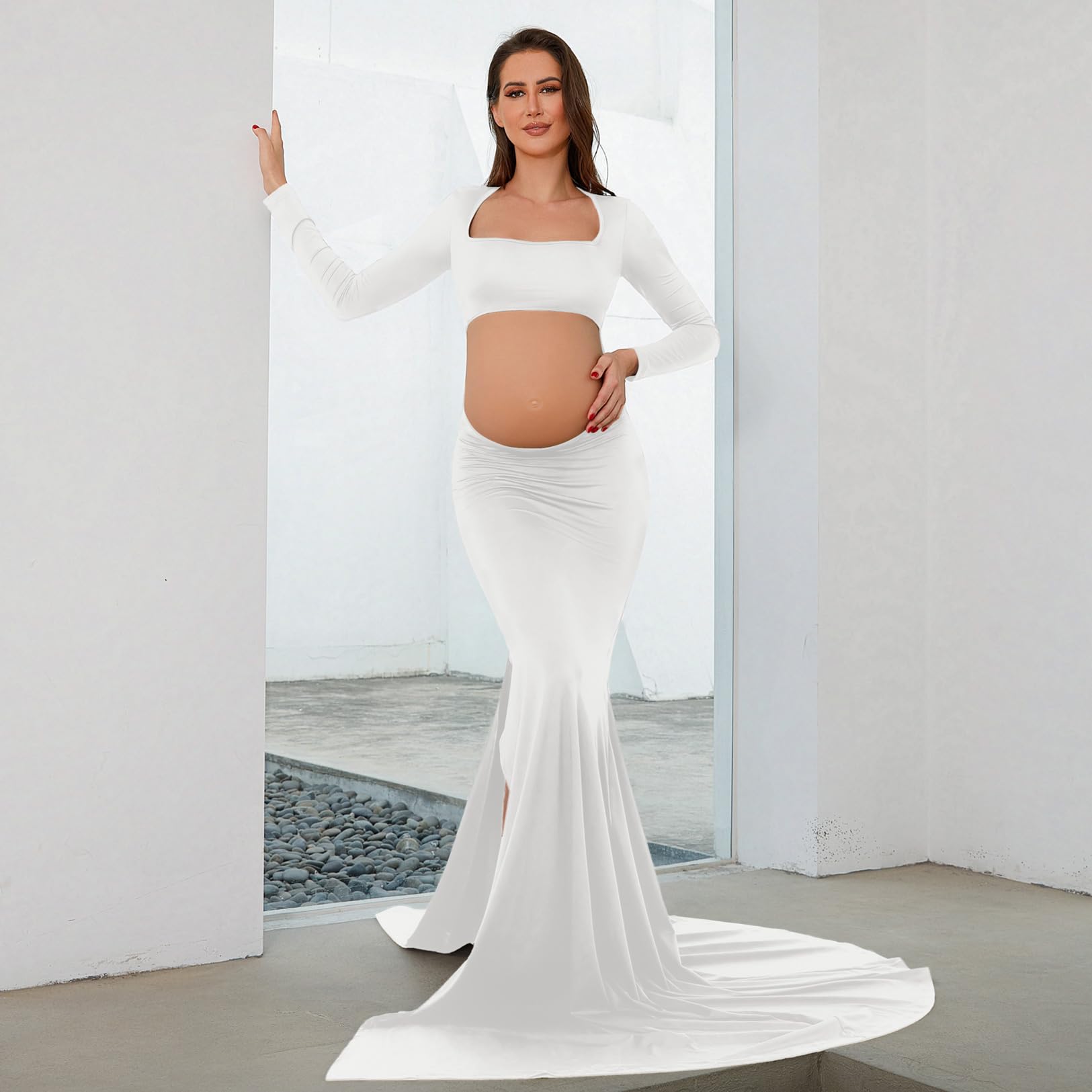 Bhome Maternity Dress for Photoshoot Cut-Out Backless Side Split Maternity Maxi Gown for Photoshoot