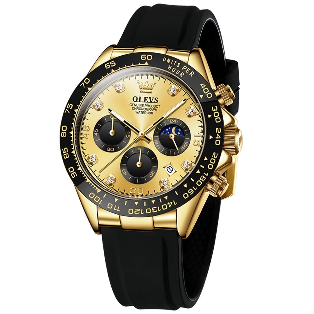 OLEVS Men Analog Quartz Waterproof Watches Multifunction Chronograph Diamond Moon Phase Luminous Silicone Band Wrist Watches