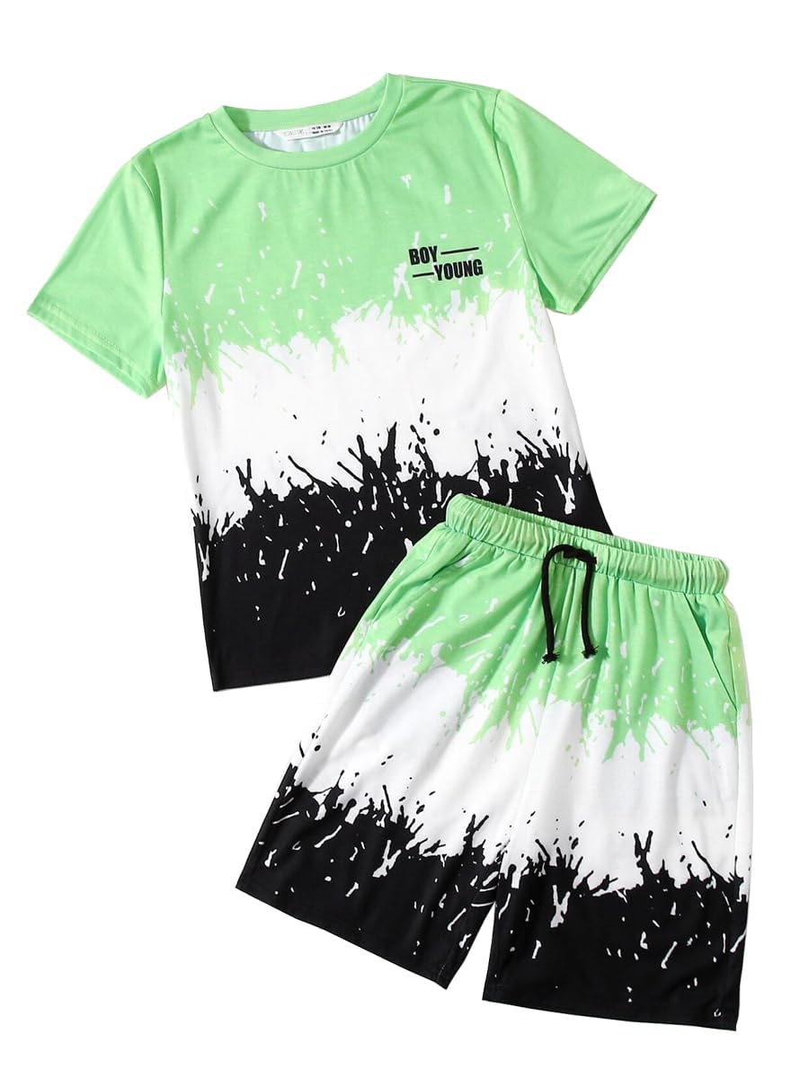 Kids Tween Boy Casual Clothing Set Letter Graphic Colorblock Tee +Shorts Summer Clothing Set 4-14 Years
