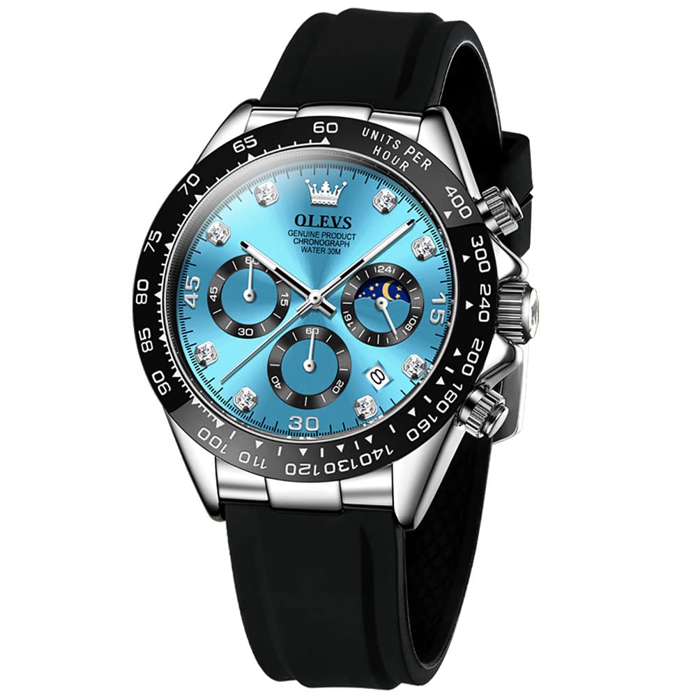OLEVS Men Analog Quartz Waterproof Watches Multifunction Chronograph Diamond Moon Phase Luminous Silicone Band Wrist Watches