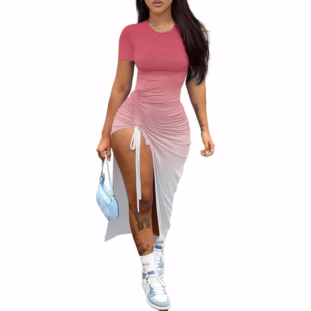 Nimsruc Women Sexy Summer Dresses Short Sleeve Thigh-high Slit Ruched Bodycon Maxi Club Cocktail Party Dress