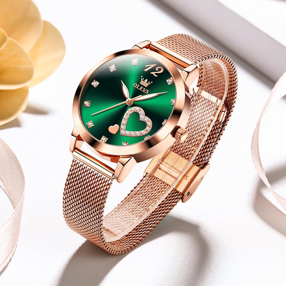 OLEVS Rose Gold Watch for Women Mesh Strap Fashion Dress Hearts Japanese Quartz Waterproof Luminous Ladies Watches Bracelet Sets