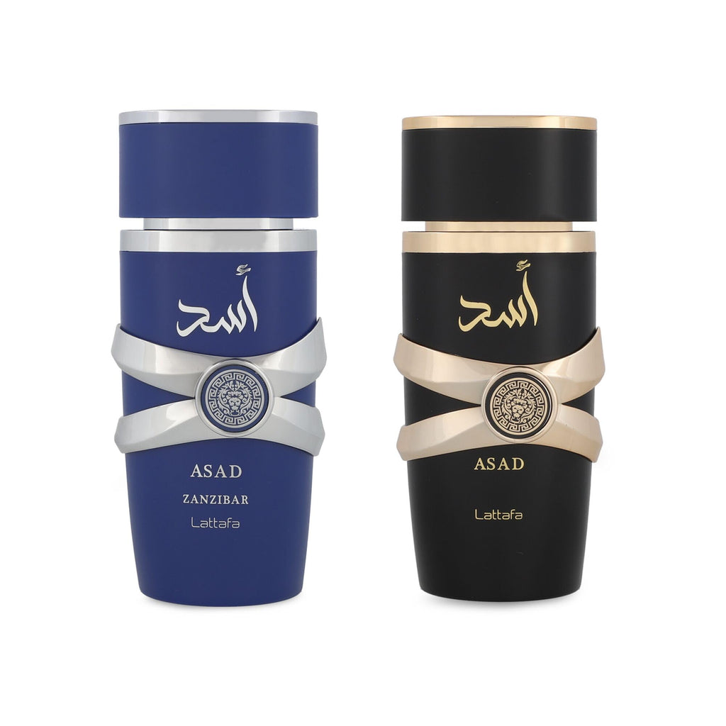 Lattafa Asad 5th Anniversary Edition – Spicy, Woody, Amber, Sweet – 2 Piece Eau de Parfum Gift Set for Men (Asad + Asad Zanzibar, 2 × 3.4 Ounce / 100 ml Sprays)
