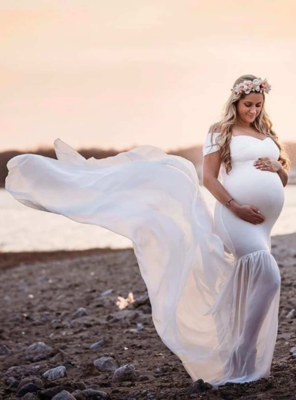 ZIUMUDY Maternity Chiffon Mermaid Gown Off Shoulder Dropped Sleeve Fitted Photo Shoot Photography Dress
