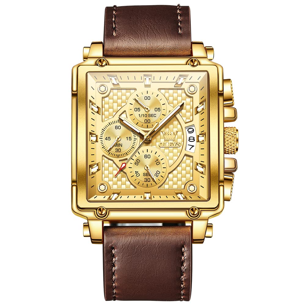 OLEVS Men's Casual Leather Watch, Big Face Chronograph Watch for Men, Fashion Easy to Read Dress Watch, Men's Waterproof Luminous Date Analog Watch, Gold/Black/White/Blue Dial
