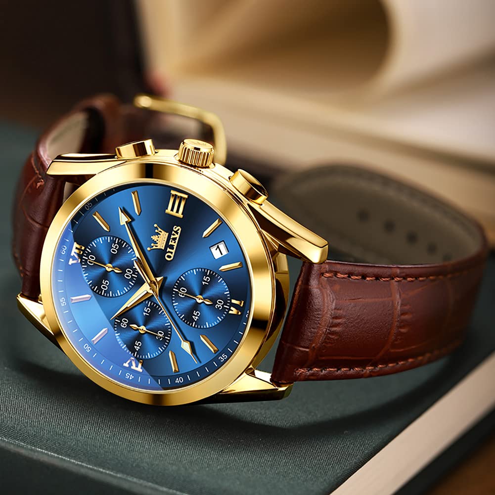 OLEVS Men's Casual Leather Watch, Big Face Chronograph Watch for Men, Fashion Easy to Read Dress Watch, Men's Waterproof Luminous Date Analog Watch, Gold/Black/White/Blue Dial