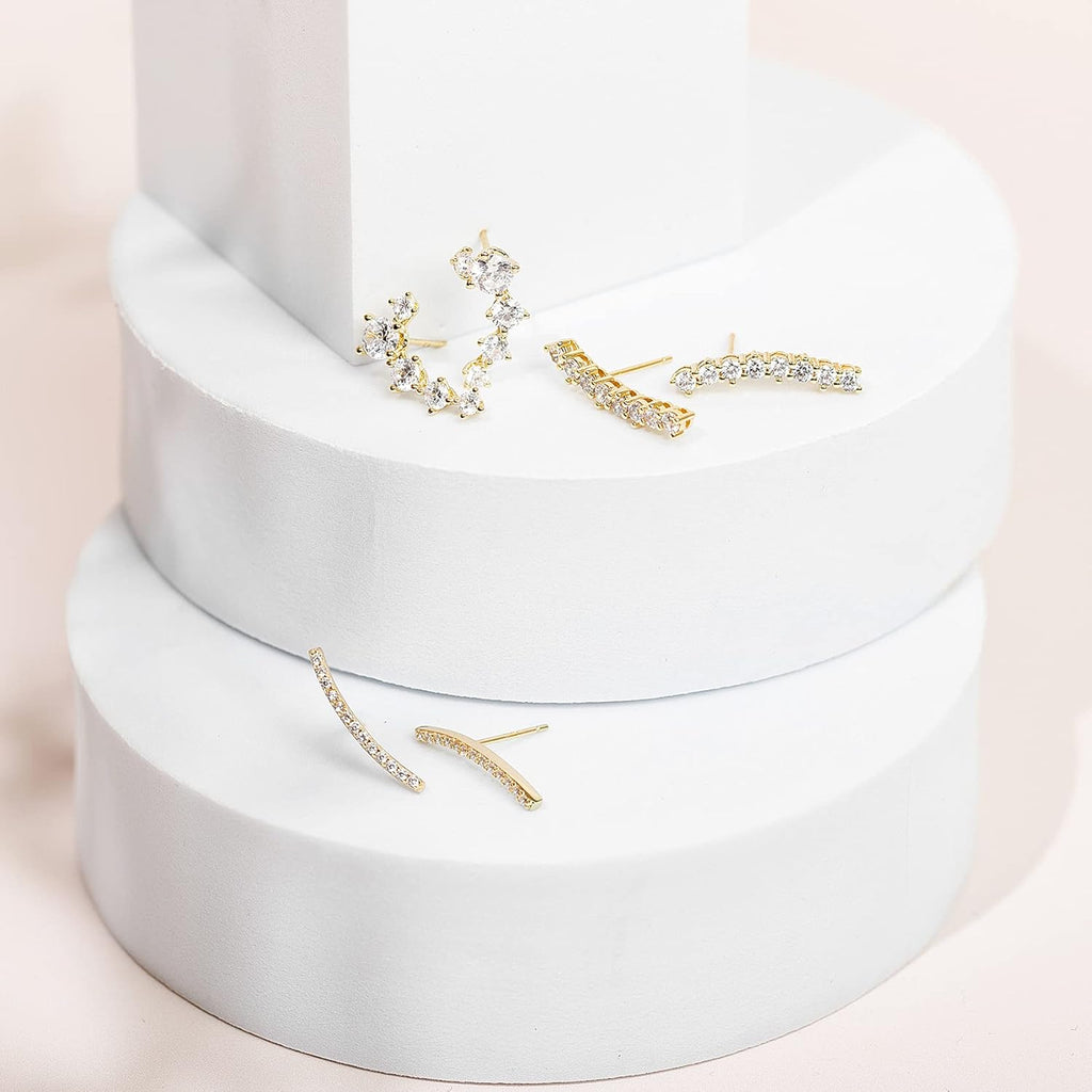 PAVOI 14K Gold Plated Cubic Zirconia Ear Crawler Stud Earrings for Women - Faux Diamond Arrow Climber Fashion Earrings - Trendy Earscape Statement Jewelry