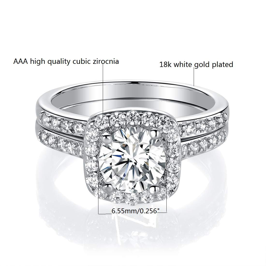 MDFUN 18K White Gold Plated Cubic Zirconia Two-in-One Halo Wedding Engagement Promise Eternity Ring for Women
