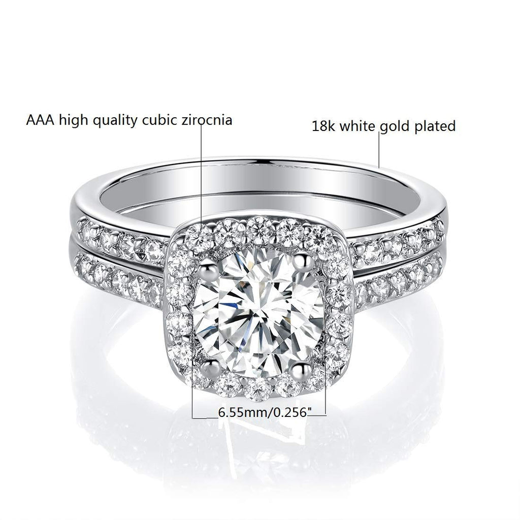 MDFUN 18K White Gold Plated Cubic Zirconia Two-in-One Halo Wedding Engagement Promise Eternity Ring for Women