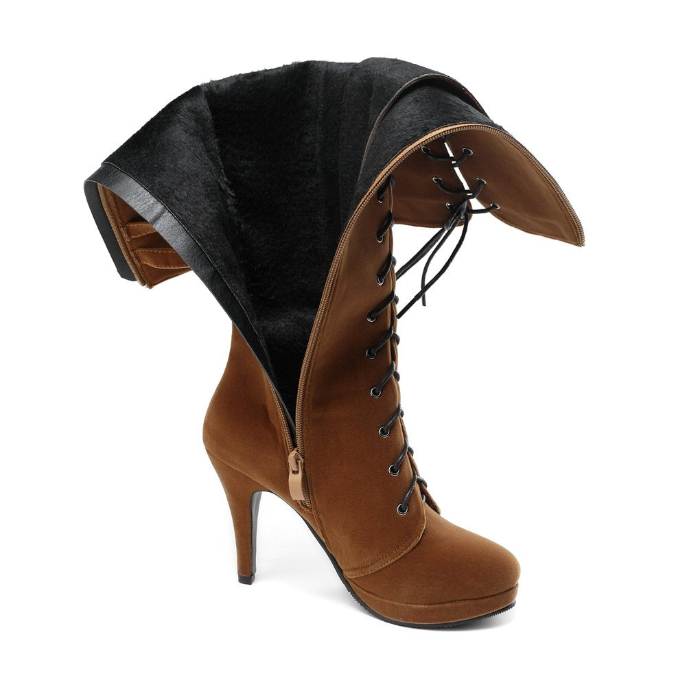 getmorebeauty Womens Knee High Boots Suede Buckle Rock Lace Up Zipped Thigh High Heel Boots