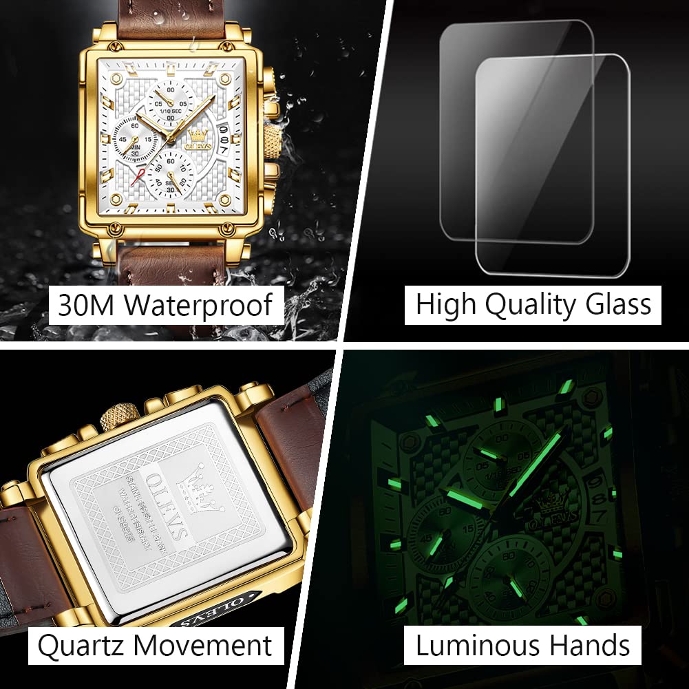 OLEVS Men's Casual Leather Watch, Big Face Chronograph Watch for Men, Fashion Easy to Read Dress Watch, Men's Waterproof Luminous Date Analog Watch, Gold/Black/White/Blue Dial