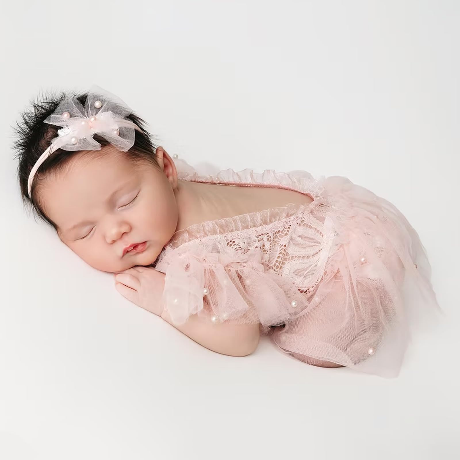 Newborn Lace Romper, 2 PCS Baby Girl Photography Props, Newborn Girl Photography Outfits with Flower Headband for Infants