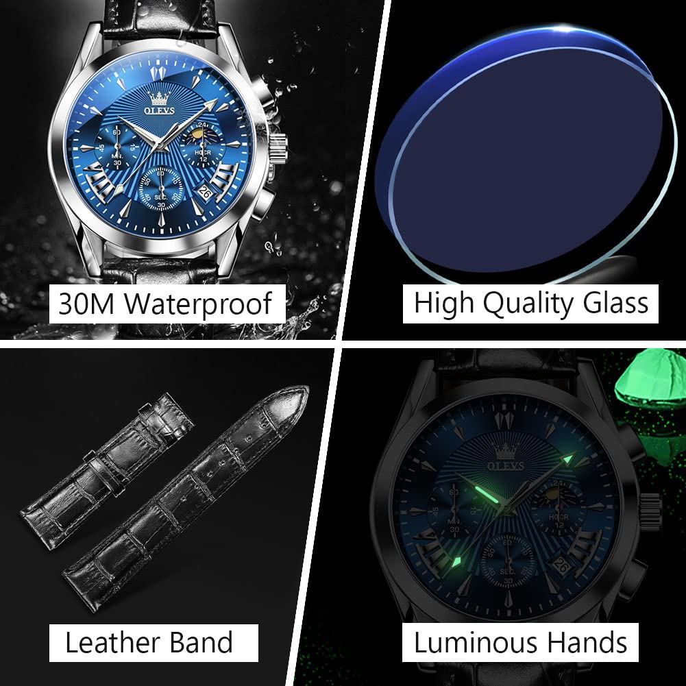 OLEVS Men's Casual Leather Watch, Big Face Chronograph Watch for Men, Fashion Easy to Read Dress Watch, Men's Waterproof Luminous Date Analog Watch, Gold/Black/White/Blue Dial