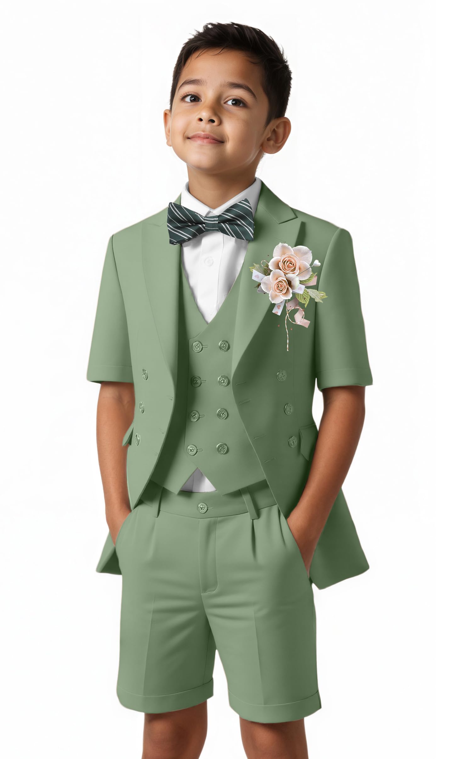 Short Suits for Boys Kid 6 Pieces Summer Tuxedo Formal Suit Beach Wedding Outfit for Teens Jacket Vest Shorts Pants Set