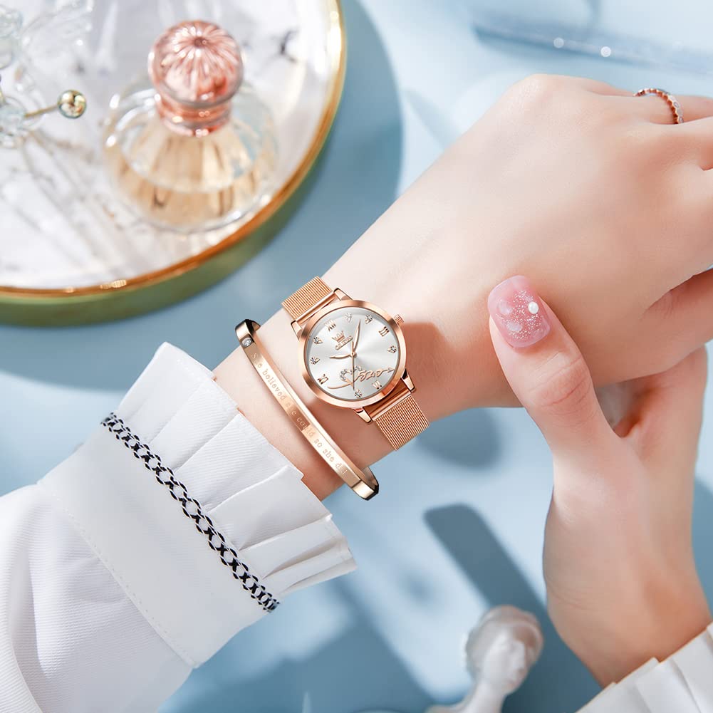 OLEVS Rose Gold Watch for Women Mesh Strap Fashion Dress Hearts Japanese Quartz Waterproof Luminous Ladies Watches Bracelet Sets