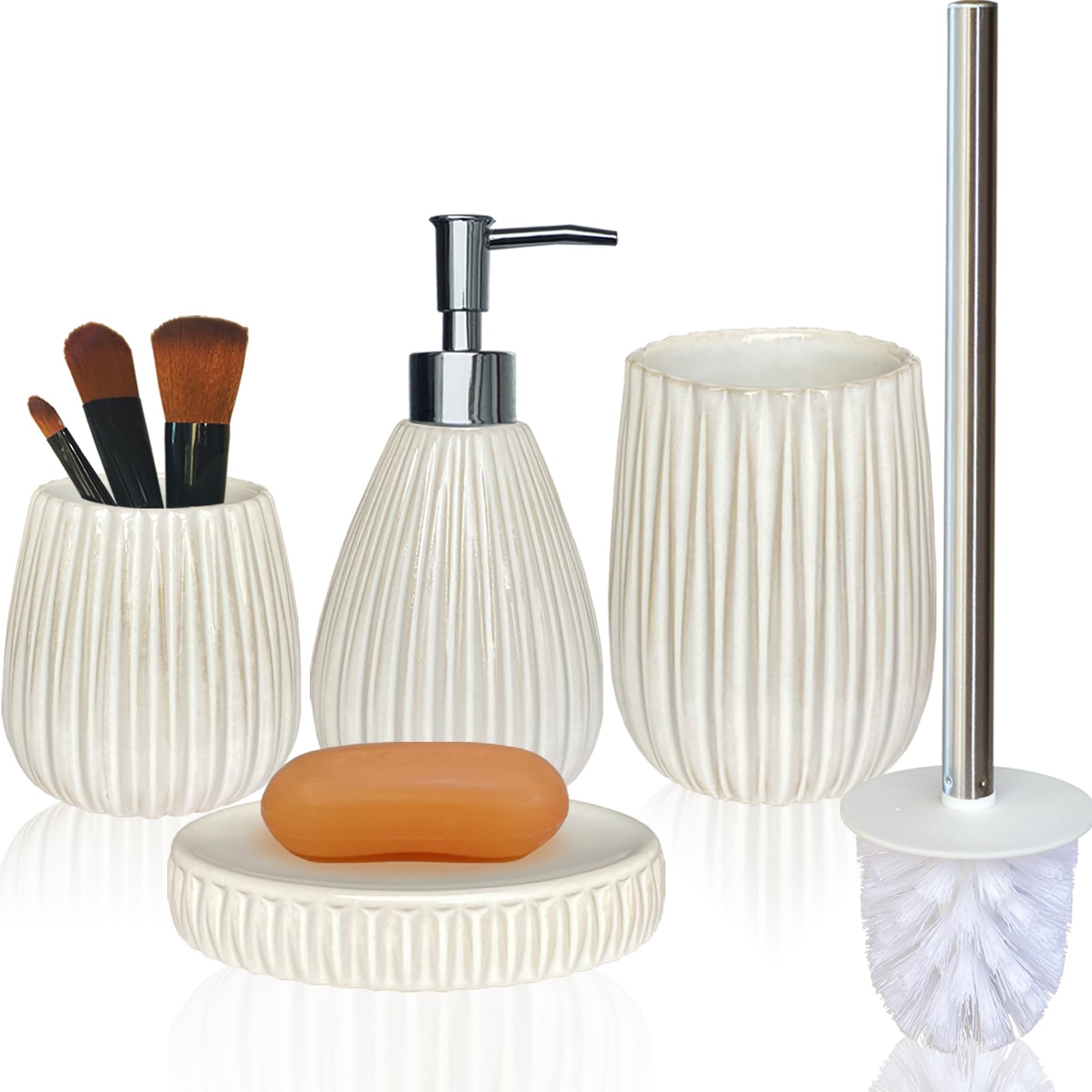 Bathroom Accessories Set 4 Pcs-Ceramic Gift Set Soap Dispenser Pump & Toothbrush Holder & Tumbler Cup & Soap Dish - Bathroom Home Decor Clearance, Countertop Vanity Organize (15 Ounce)