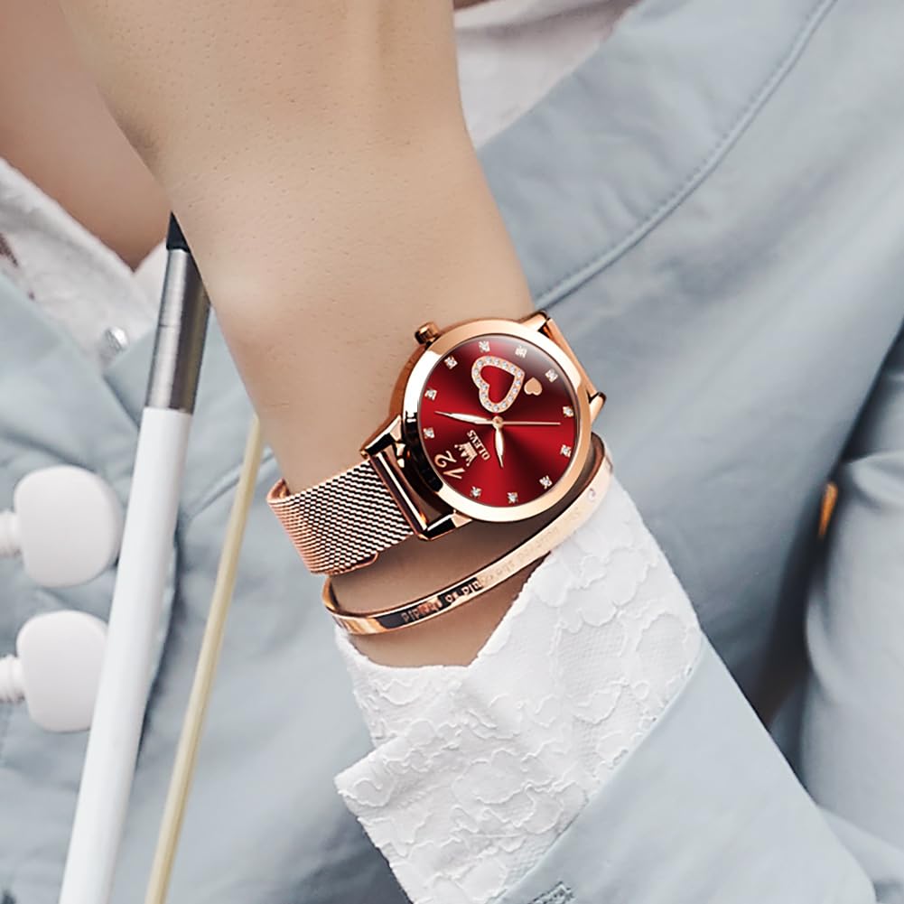 OLEVS Rose Gold Watch for Women Mesh Strap Fashion Dress Hearts Japanese Quartz Waterproof Luminous Ladies Watches Bracelet Sets