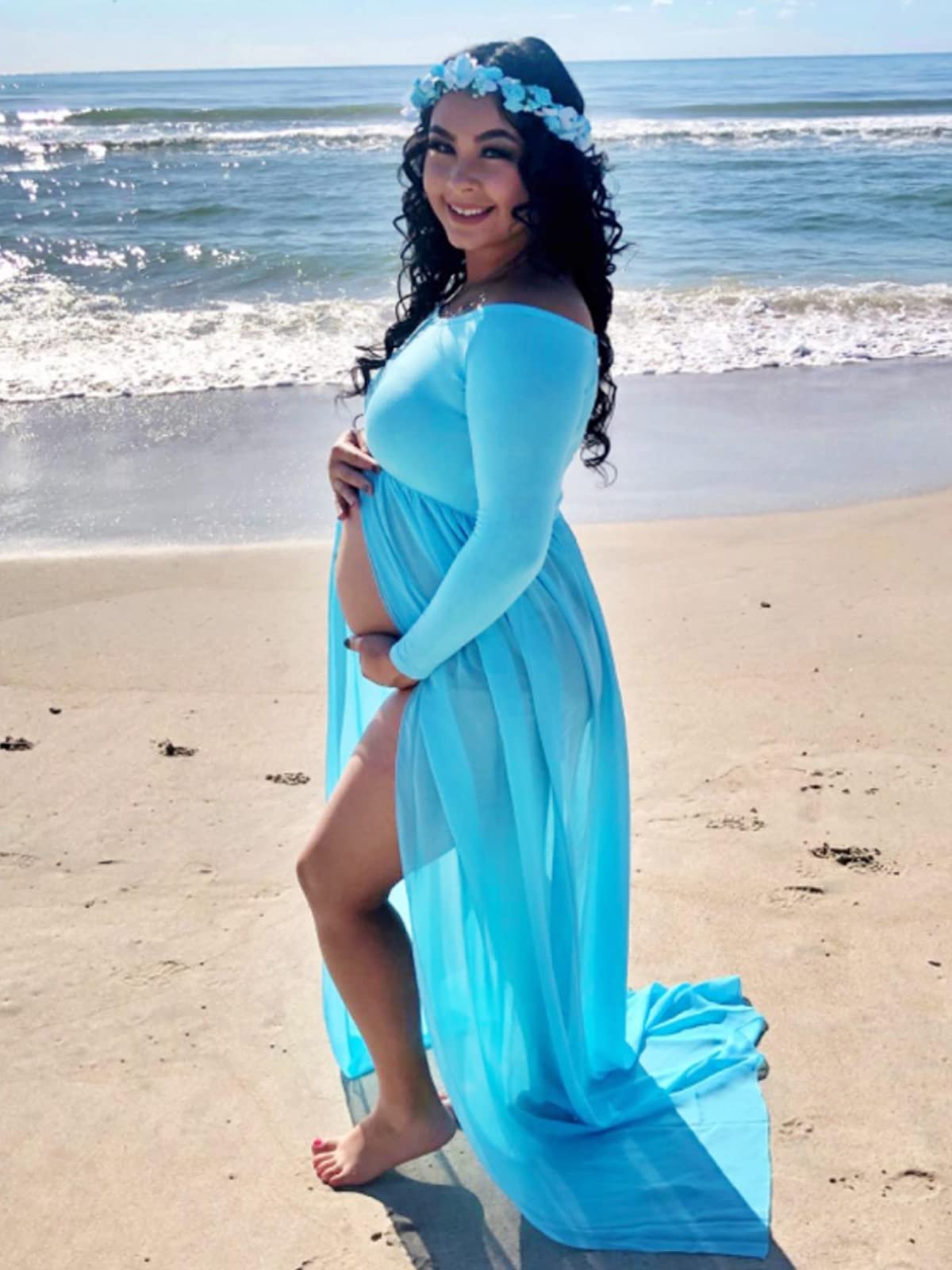 YnimioAOX Women's Off Shoulder Long Sleeve Maternity Dress for Photography Chiffon Maternity Gown for Photoshoot