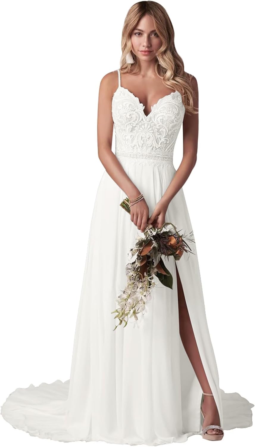 Lace Wedding Dresses for Bride Mermaid V Neck Boho Beach Bridal Gowns with Train BOF30