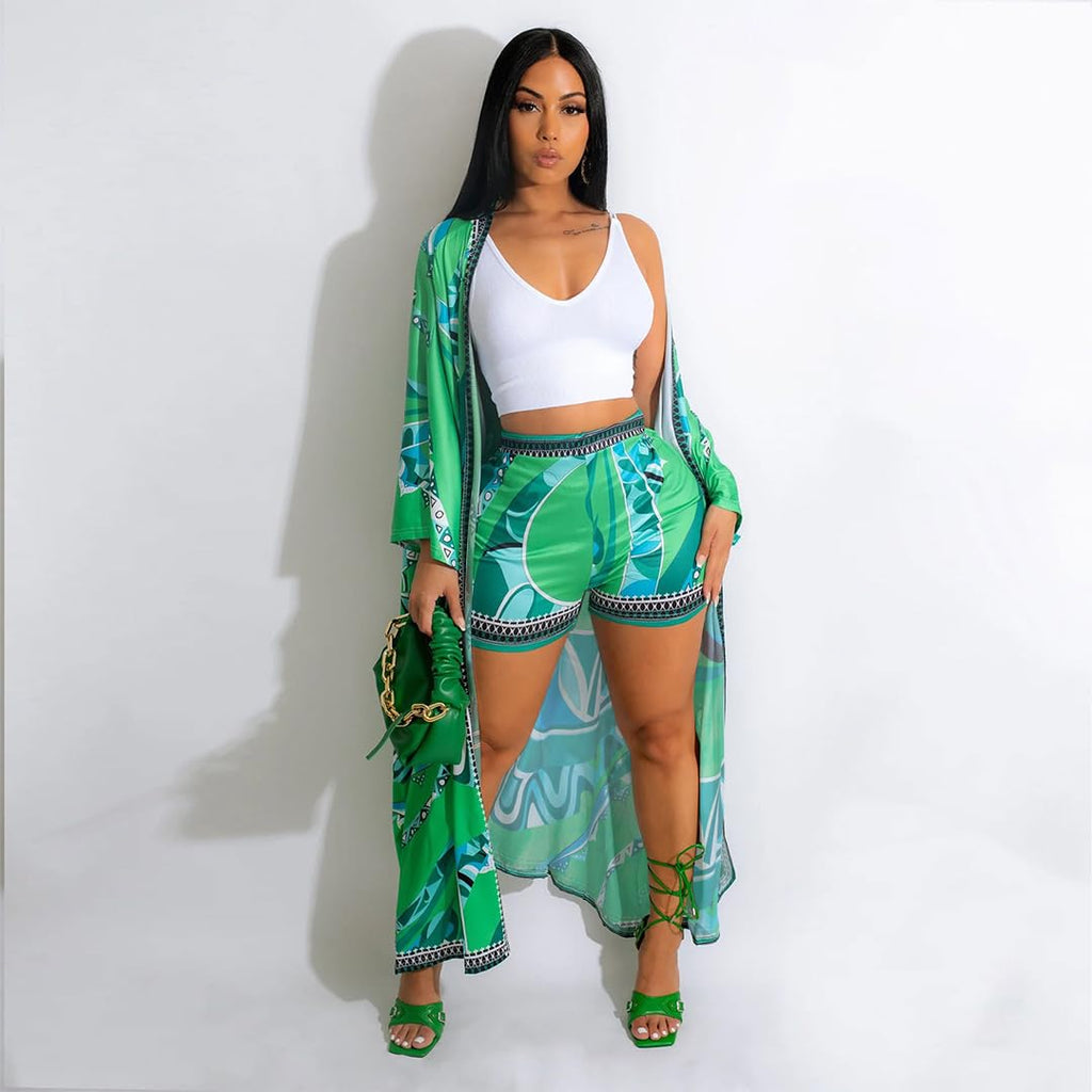 QegarTop Kimono Shorts Set for Women Two Piece Summer Vacation Outfits Flowy Beach Cover up Duster
