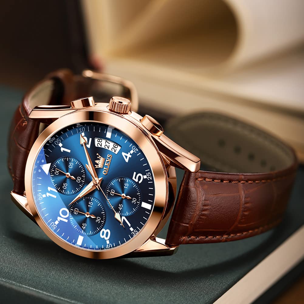 OLEVS Men's Casual Leather Watch, Big Face Chronograph Watch for Men, Fashion Easy to Read Dress Watch, Men's Waterproof Luminous Date Analog Watch, Gold/Black/White/Blue Dial