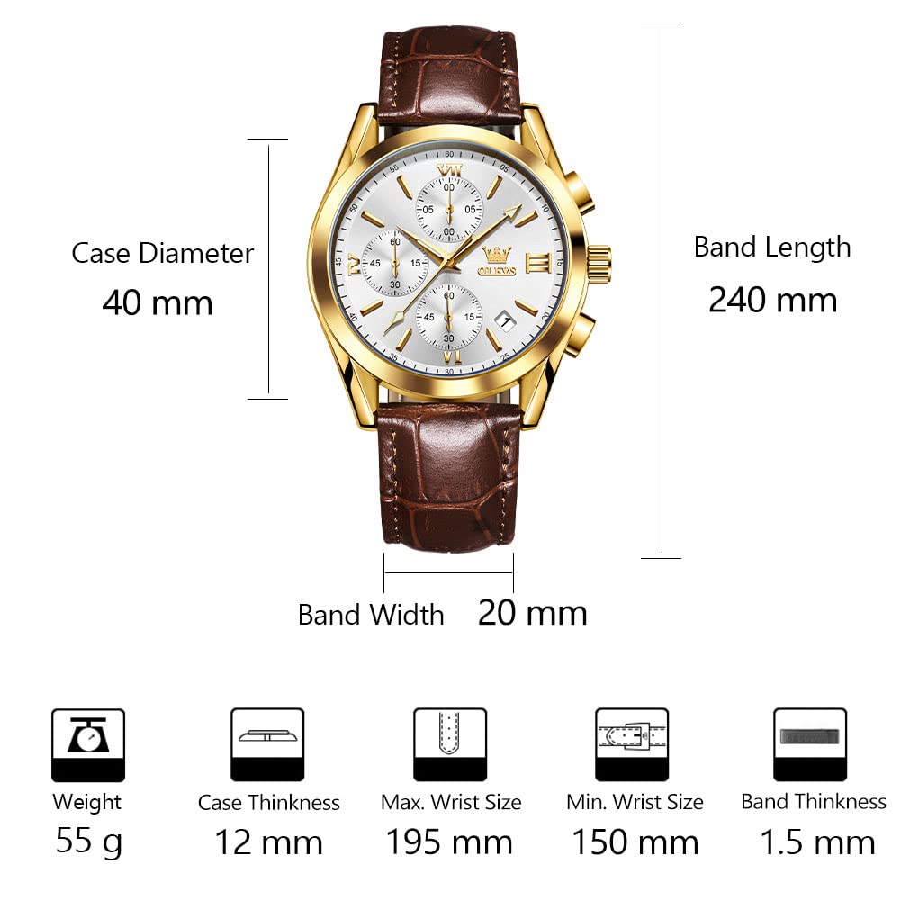 OLEVS Men's Casual Leather Watch, Big Face Chronograph Watch for Men, Fashion Easy to Read Dress Watch, Men's Waterproof Luminous Date Analog Watch, Gold/Black/White/Blue Dial