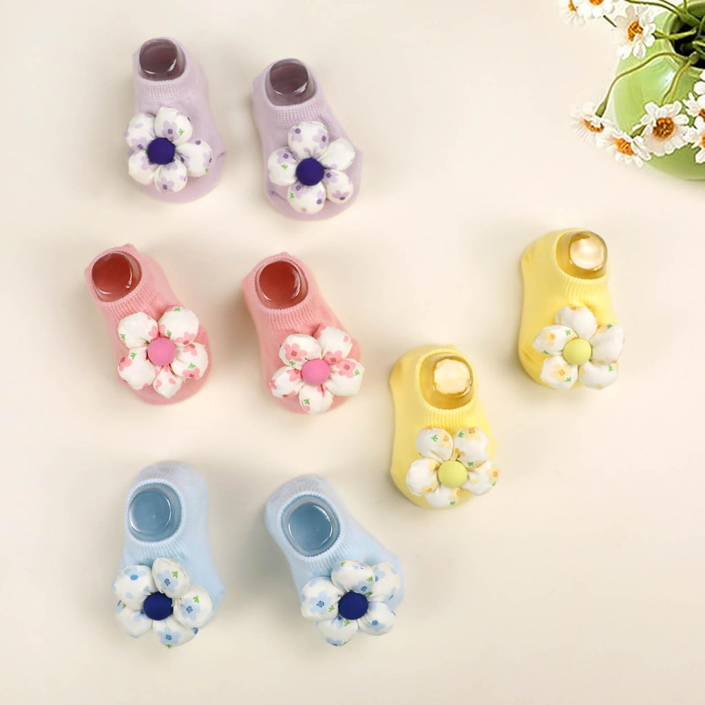 KEAINVRN 4Packs Baby Girls Socks,Flower Non-Slip Grips for Babies Toddler Princess Low Cut Ankle Socks for Girls