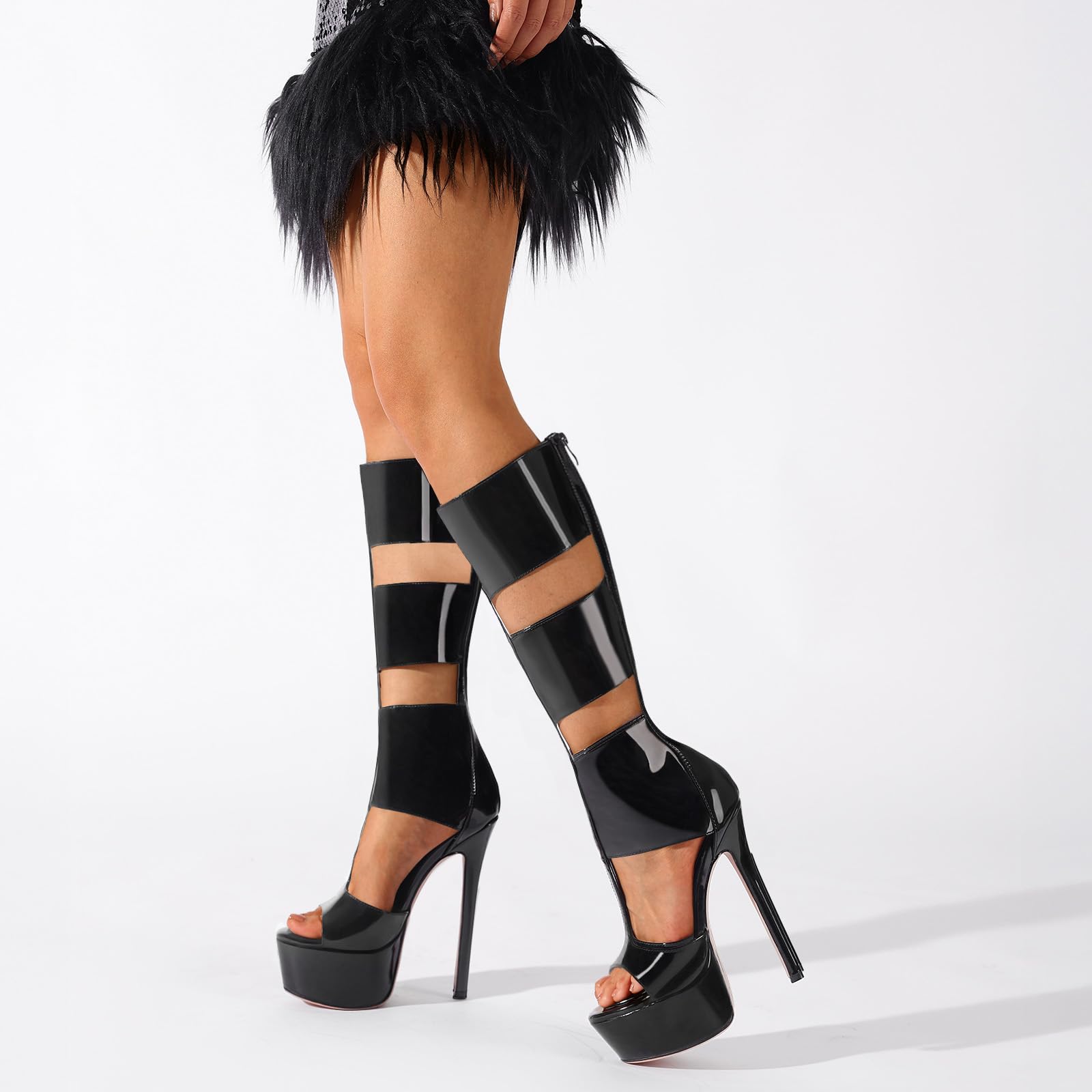 FancyQueen Platform Knee High Sandals for Women, Gladiator Open Toe Summer Booties Black Heels Sandal Boots, Sexy Style Casual for Party
