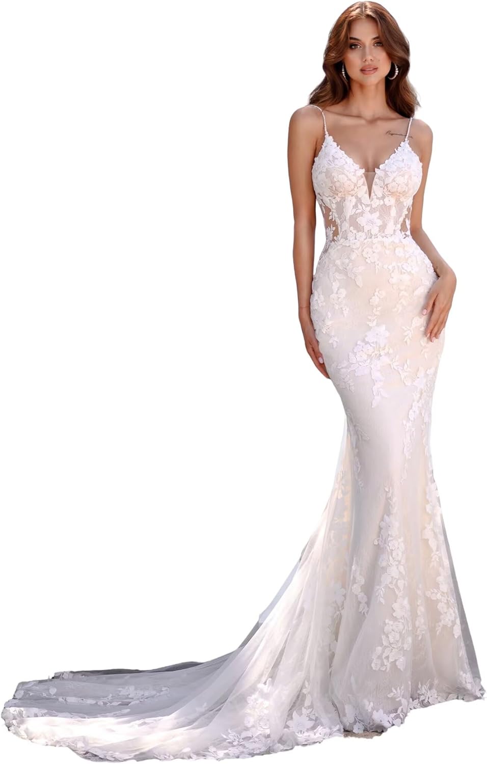 Lace Wedding Dresses for Bride Mermaid V Neck Boho Beach Bridal Gowns with Train BOF30