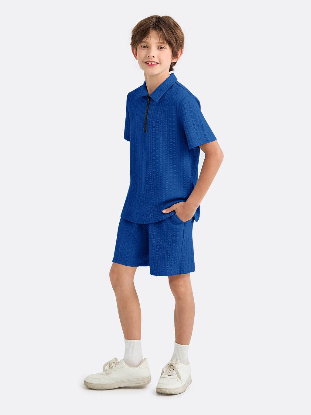 Haloumoning Boys 2 Piece Summer Outfits Kids Quarter Zip Polo Shirt and Shorts Set Athletic Tracksuit 5-14 Years
