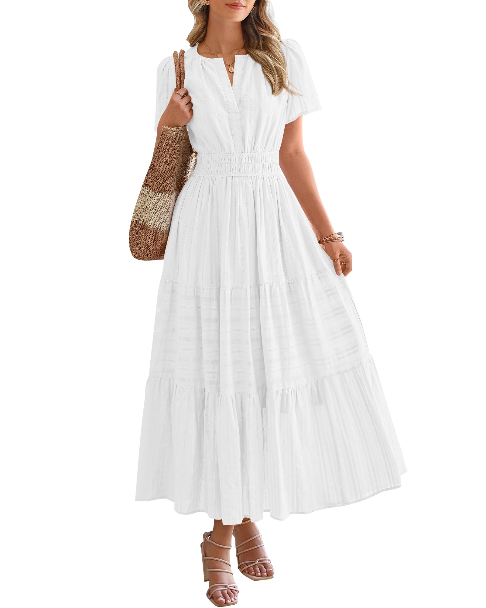 BTFBM Womens Summer 2026 Casual Midi Maxi Dresses Lightweight Short Sleeve V Neck Elastic Waist Boho Beach Dress Pockets