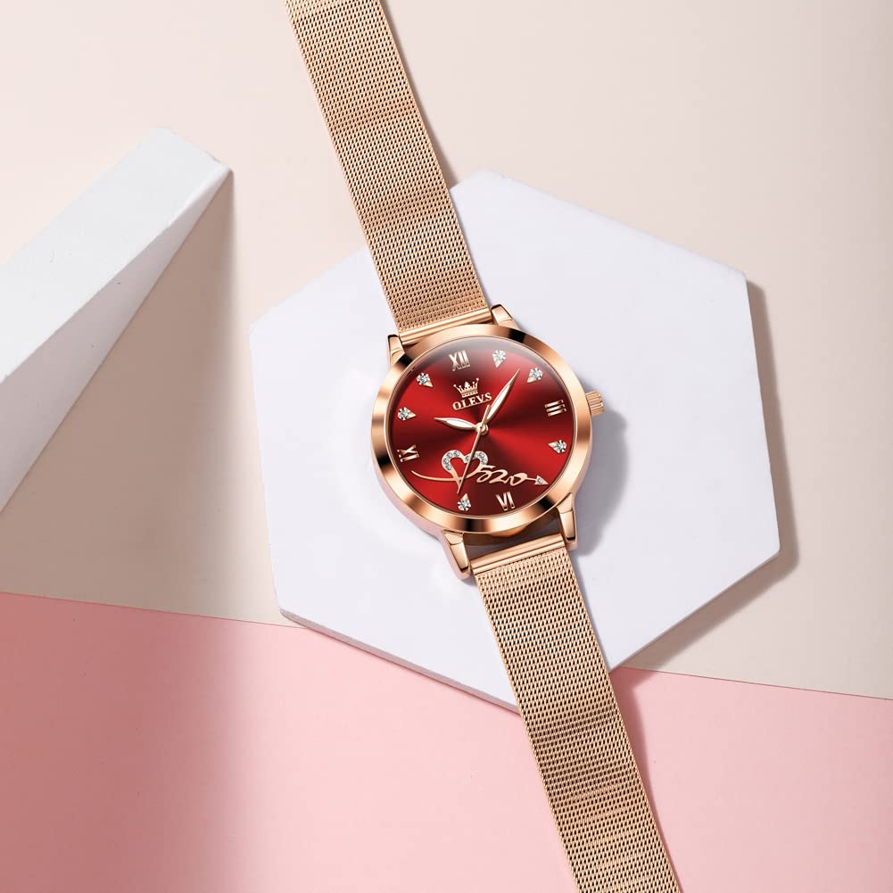 OLEVS Rose Gold Watch for Women Mesh Strap Fashion Dress Hearts Japanese Quartz Waterproof Luminous Ladies Watches Bracelet Sets