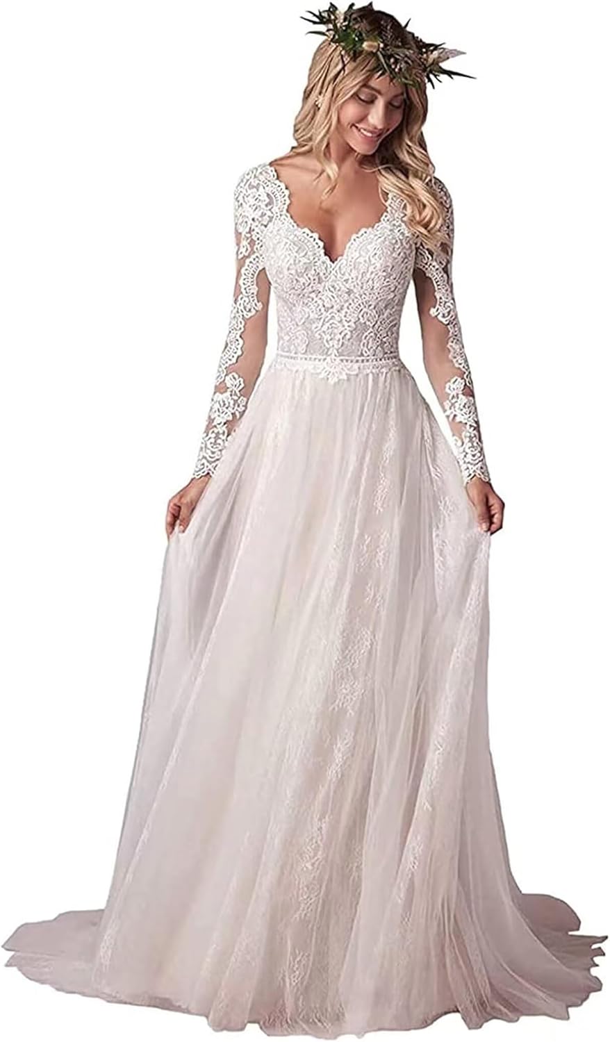 Lace Wedding Dresses for Bride Mermaid V Neck Boho Beach Bridal Gowns with Train BOF30