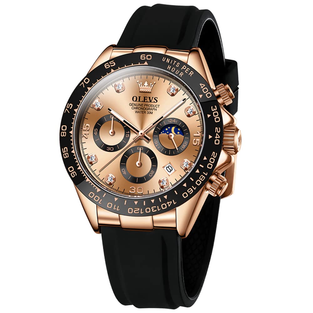 OLEVS Men Analog Quartz Waterproof Watches Multifunction Chronograph Diamond Moon Phase Luminous Silicone Band Wrist Watches