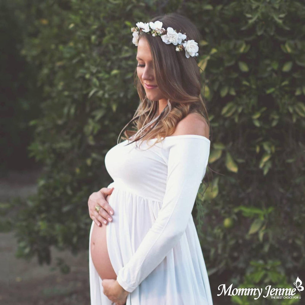 Mommy Jennie Maternity Dress Off Shoulder Long Sleeve Split Front Chiffon Gown for Photoshoot