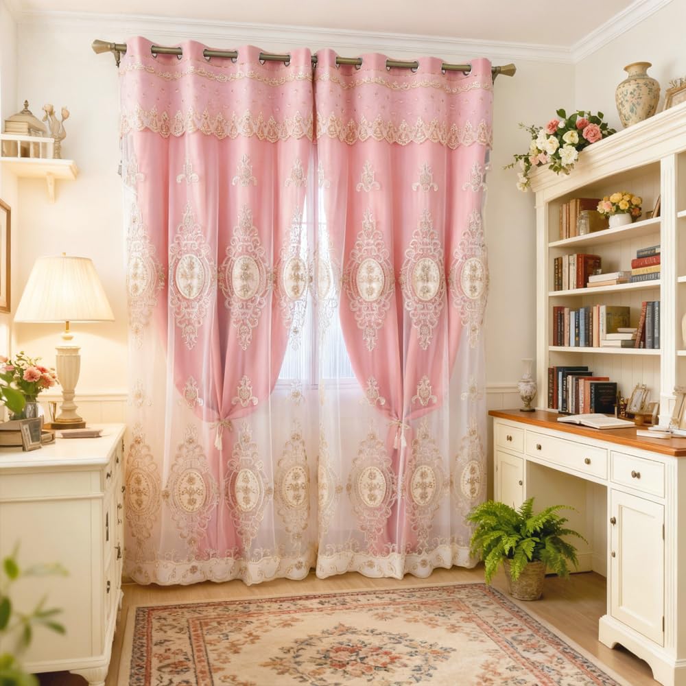 Amidoudou 1 Pair European Double Layer Curtains with Valances for Living Room Bedroom Luxury 3D Flower Embroidered Curtains (Yellow,52x96 Inch)
