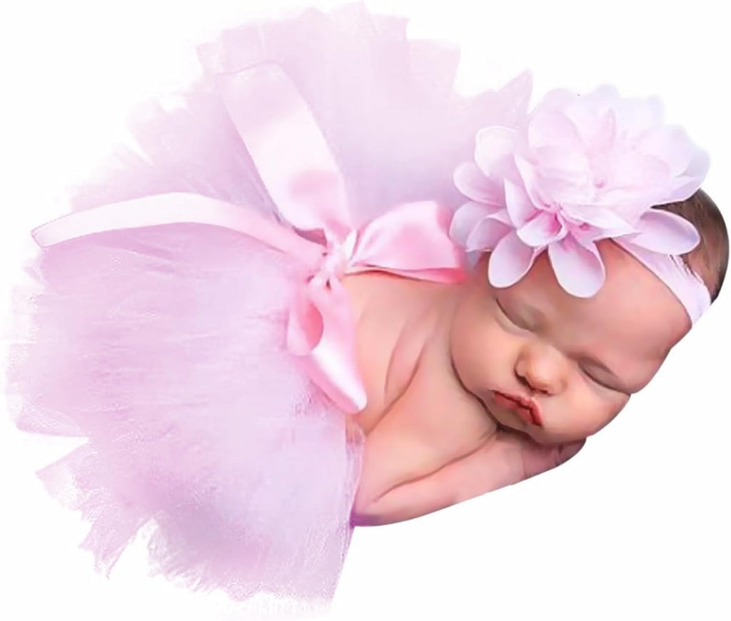 Medsuo Newborn Baby Tutu Skirt and Flower Headband for Photography Prop Outfits 0-4 Month (Pink)